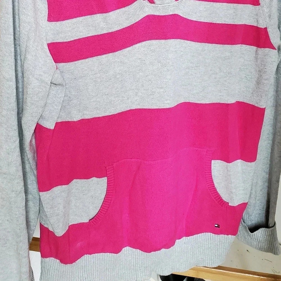 Tommy Hilfiger Gray and Hot Pink Striped Sweater with Hood Women's Size XL - Picture 7 of 14